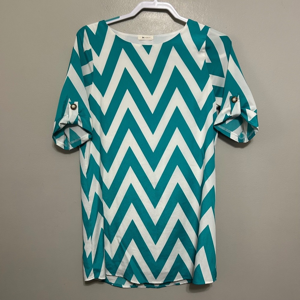 Everly Tunic Top Dress S Teal White Chevron Office Wear Summer Fall Contemporary